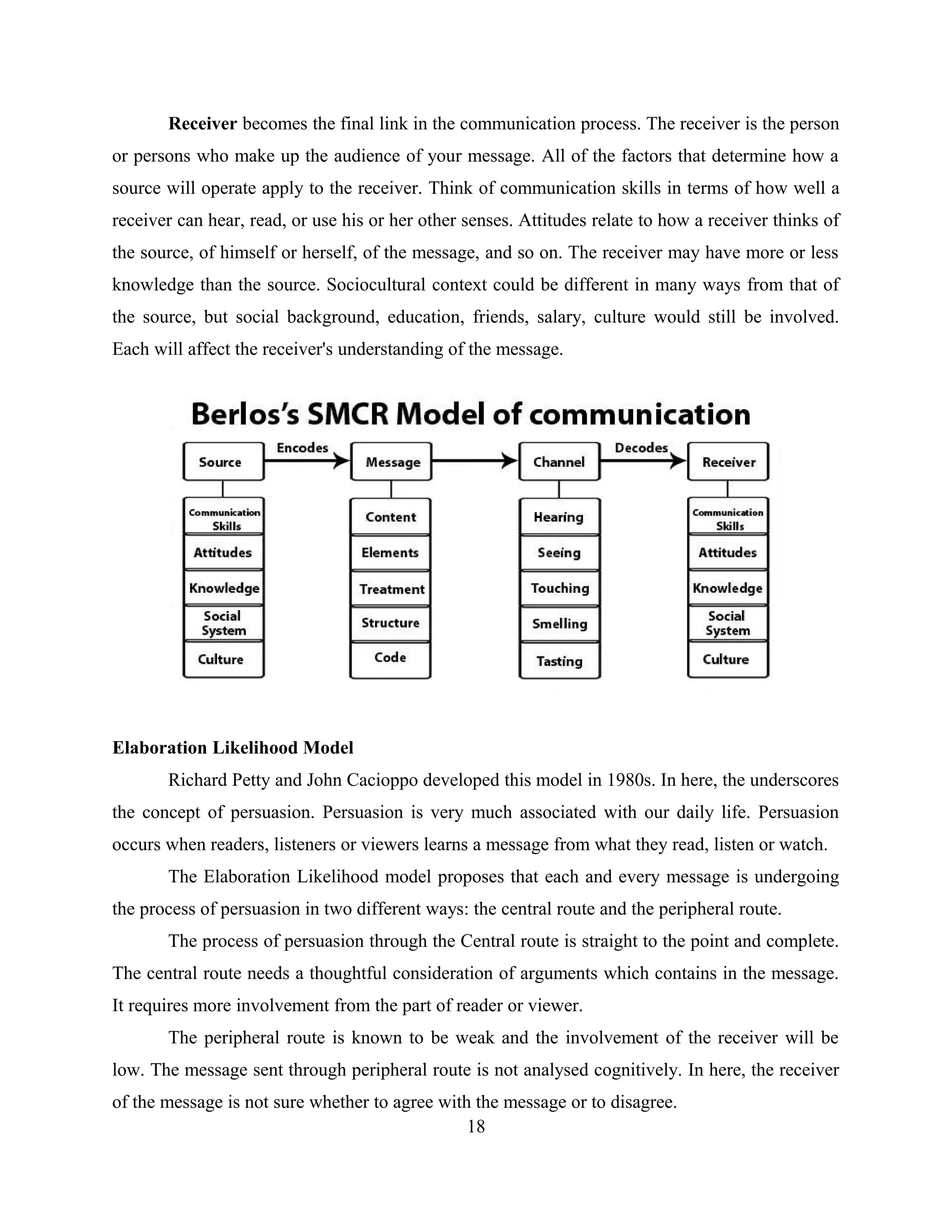 Receiver becomes the final link in the communication process. The receiver is the person
or persons who make up the audience of your message. All of the factors that determine how a
source will operate apply to the receiver. Think of communication skills in terms of how well a
receiver can hear, read, or use his or her other senses. Attitudes relate to how a receiver thinks of
the source, of himself or herself, of the message, and so on. The receiver may have more or less
knowledge than the source. Sociocultural context could be different in many ways from that of
the source, but social background, education, friends, salary, culture would still be involved.
Each will affect the receiver's understanding of the message.
Elaboration Likelihood Model
Richard Petty and John Cacioppo developed this model in 1980s. In here, the underscores
the concept of persuasion. Persuasion is very much associated with our daily life. Persuasion
occurs when readers, listeners or viewers learns a message from what they read, listen or watch.
The Elaboration Likelihood model proposes that each and every message is undergoing
the process of persuasion in two different ways: the central route and the peripheral route.
The process of persuasion through the Central route is straight to the point and complete.
The central route needs a thoughtful consideration of arguments which contains in the message.
It requires more involvement from the part of reader or viewer.
The peripheral route is known to be weak and the involvement of the receiver will be
low. The message sent through peripheral route is not analysed cognitively. In here, the receiver
of the message is not sure whether to agree with the message or to disagree.
18
 