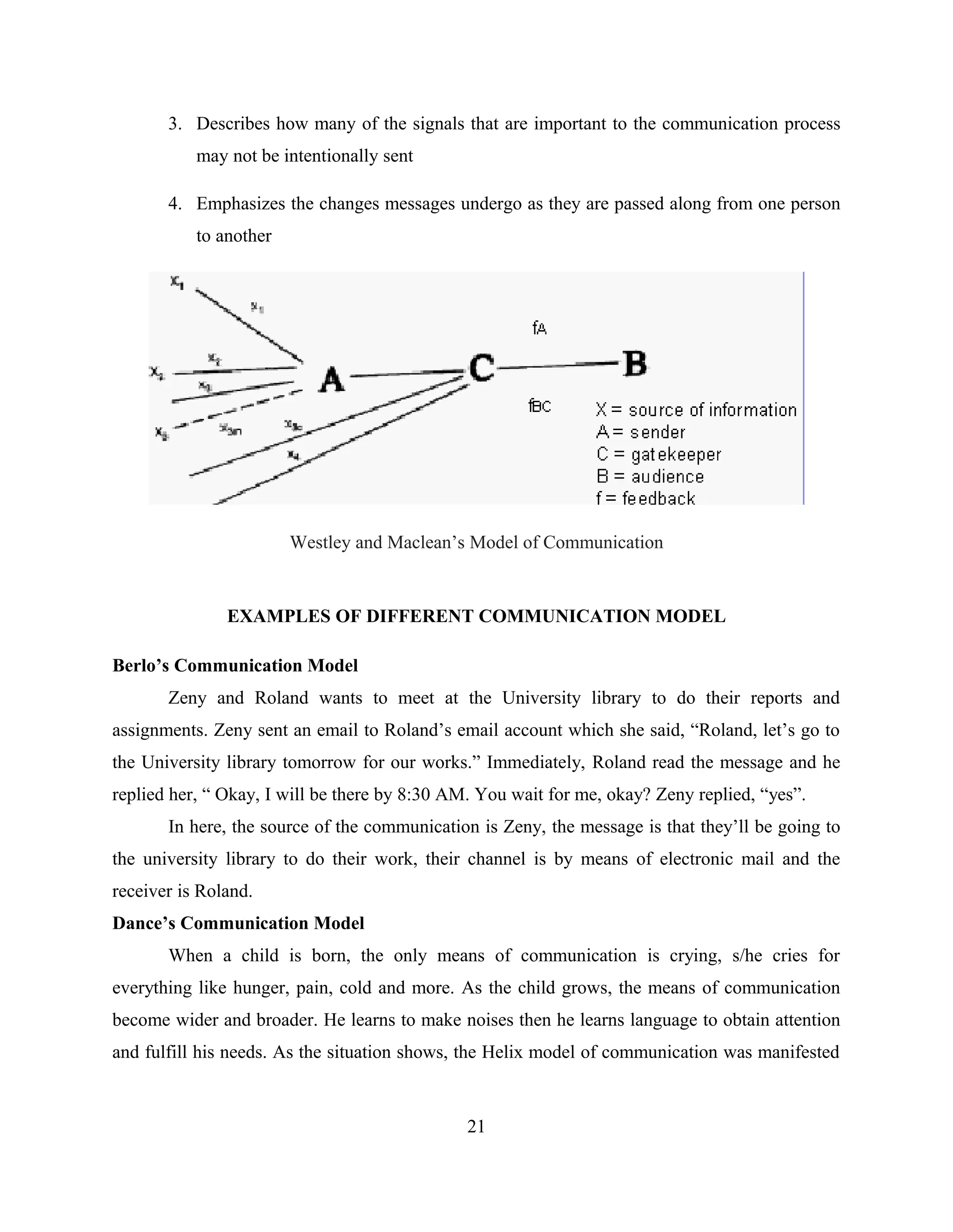 3. Describes how many of the signals that are important to the communication process
may not be intentionally sent
4. Emphasizes the changes messages undergo as they are passed along from one person
to another
Westley and Maclean’s Model of Communication
EXAMPLES OF DIFFERENT COMMUNICATION MODEL
Berlo’s Communication Model
Zeny and Roland wants to meet at the University library to do their reports and
assignments. Zeny sent an email to Roland’s email account which she said, “Roland, let’s go to
the University library tomorrow for our works.” Immediately, Roland read the message and he
replied her, “ Okay, I will be there by 8:30 AM. You wait for me, okay? Zeny replied, “yes”.
In here, the source of the communication is Zeny, the message is that they’ll be going to
the university library to do their work, their channel is by means of electronic mail and the
receiver is Roland.
Dance’s Communication Model
When a child is born, the only means of communication is crying, s/he cries for
everything like hunger, pain, cold and more. As the child grows, the means of communication
become wider and broader. He learns to make noises then he learns language to obtain attention
and fulfill his needs. As the situation shows, the Helix model of communication was manifested
21
 