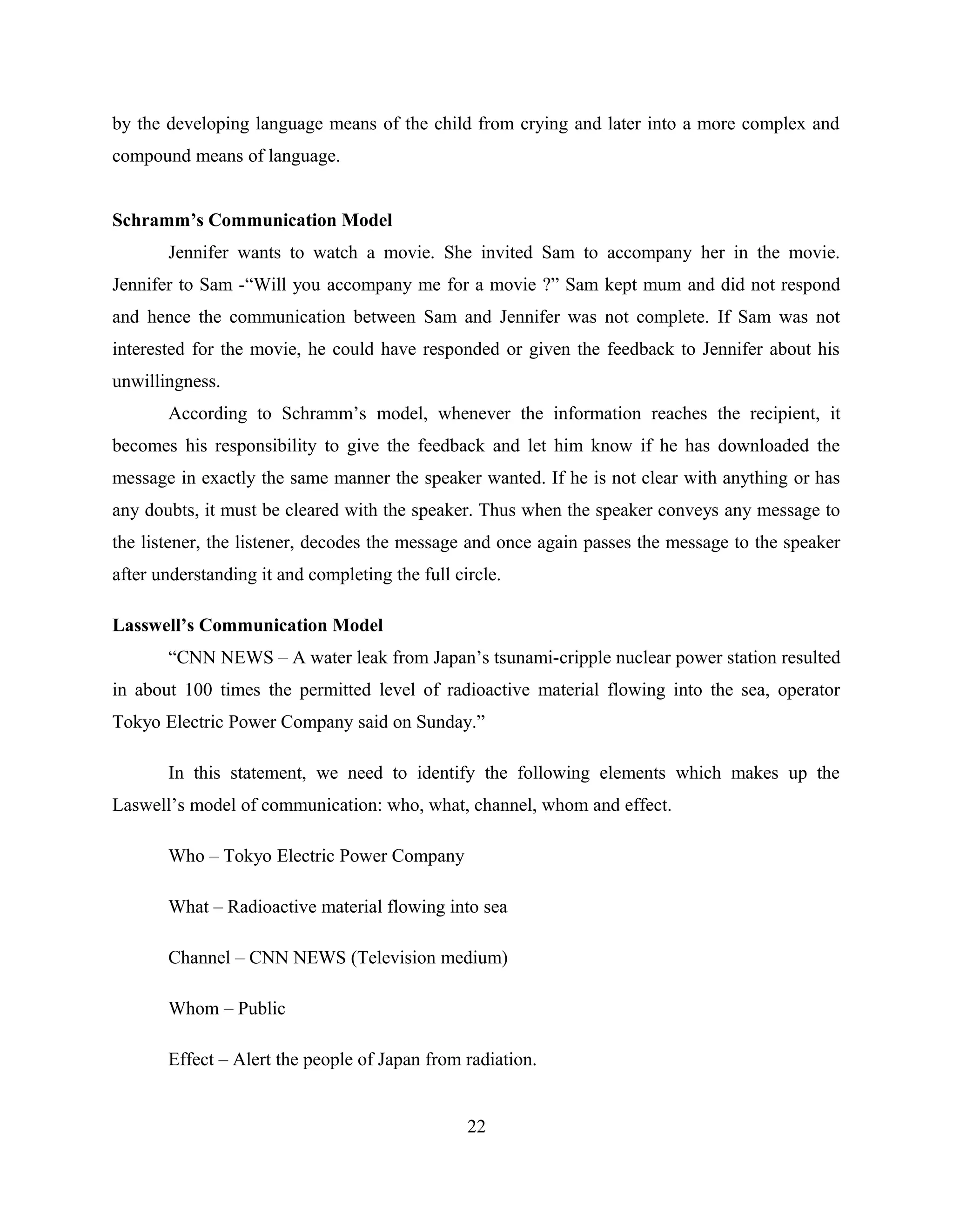 by the developing language means of the child from crying and later into a more complex and
compound means of language.
Schramm’s Communication Model
Jennifer wants to watch a movie. She invited Sam to accompany her in the movie.
Jennifer to Sam -“Will you accompany me for a movie ?” Sam kept mum and did not respond
and hence the communication between Sam and Jennifer was not complete. If Sam was not
interested for the movie, he could have responded or given the feedback to Jennifer about his
unwillingness.
According to Schramm’s model, whenever the information reaches the recipient, it
becomes his responsibility to give the feedback and let him know if he has downloaded the
message in exactly the same manner the speaker wanted. If he is not clear with anything or has
any doubts, it must be cleared with the speaker. Thus when the speaker conveys any message to
the listener, the listener, decodes the message and once again passes the message to the speaker
after understanding it and completing the full circle.
Lasswell’s Communication Model
“CNN NEWS – A water leak from Japan’s tsunami-cripple nuclear power station resulted
in about 100 times the permitted level of radioactive material flowing into the sea, operator
Tokyo Electric Power Company said on Sunday.”
In this statement, we need to identify the following elements which makes up the
Laswell’s model of communication: who, what, channel, whom and effect.
Who – Tokyo Electric Power Company
What – Radioactive material flowing into sea
Channel – CNN NEWS (Television medium)
Whom – Public
Effect – Alert the people of Japan from radiation.
22
 