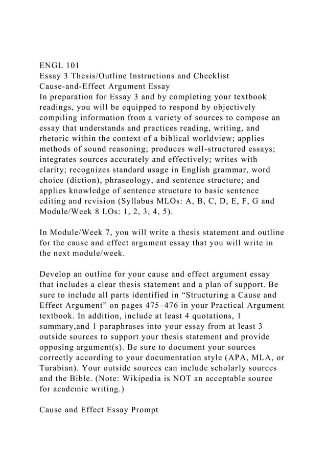 ENGL 101Essay 3 ThesisOutline Instructions and ChecklistCause.docx