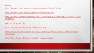 References: 
http://grammar.about.com/od/developingparagraphs/a/parunity.htm 
http://grammar.about.com/od/c/g/Chronological-Order.htm 
http://primaryliteracy1.wikispaces.com/file/view/CYCLICAL%20MAP.bmp/135871505/CYCLICAL 
%20MAP.bmp 
owl.english.purdue.edu 
http://unilearning.uow.edu.au/effective/3b.html 
http://www.ereadingworksheets.com/text-structure/patterns-of-organization/order-of-importance/ 
http://lrs.ed.uiuc.edu/students/fwalters/compcont.html 
