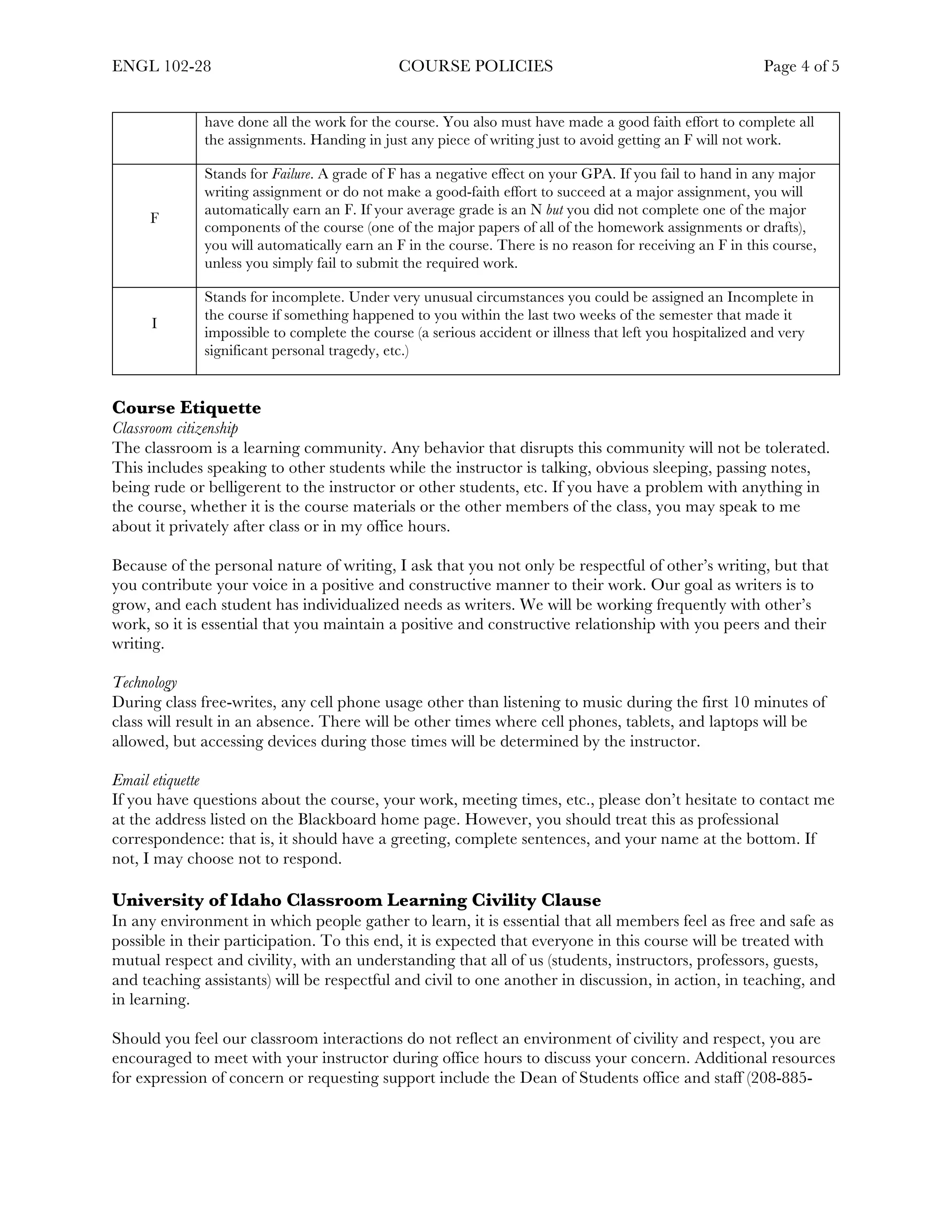 ENGL 102-28 COURSE POLICIES Page 4 of 5
	
have done all the work for the course. You also must have made a good faith effort to complete all
the assignments. Handing in just any piece of writing just to avoid getting an F will not work.
F
Stands for Failure. A grade of F has a negative effect on your GPA. If you fail to hand in any major
writing assignment or do not make a good-faith effort to succeed at a major assignment, you will
automatically earn an F. If your average grade is an N but you did not complete one of the major
components of the course (one of the major papers of all of the homework assignments or drafts),
you will automatically earn an F in the course. There is no reason for receiving an F in this course,
unless you simply fail to submit the required work.
I
Stands for incomplete. Under very unusual circumstances you could be assigned an Incomplete in
the course if something happened to you within the last two weeks of the semester that made it
impossible to complete the course (a serious accident or illness that left you hospitalized and very
significant personal tragedy, etc.)
Course Etiquette
Classroom citizenship
The classroom is a learning community. Any behavior that disrupts this community will not be tolerated.
This includes speaking to other students while the instructor is talking, obvious sleeping, passing notes,
being rude or belligerent to the instructor or other students, etc. If you have a problem with anything in
the course, whether it is the course materials or the other members of the class, you may speak to me
about it privately after class or in my office hours.
Because of the personal nature of writing, I ask that you not only be respectful of other’s writing, but that
you contribute your voice in a positive and constructive manner to their work. Our goal as writers is to
grow, and each student has individualized needs as writers. We will be working frequently with other’s
work, so it is essential that you maintain a positive and constructive relationship with you peers and their
writing.
Technology
During class free-writes, any cell phone usage other than listening to music during the first 10 minutes of
class will result in an absence. There will be other times where cell phones, tablets, and laptops will be
allowed, but accessing devices during those times will be determined by the instructor.
Email etiquette
If you have questions about the course, your work, meeting times, etc., please don’t hesitate to contact me
at the address listed on the Blackboard home page. However, you should treat this as professional
correspondence: that is, it should have a greeting, complete sentences, and your name at the bottom. If
not, I may choose not to respond.
University of Idaho Classroom Learning Civility Clause
In any environment in which people gather to learn, it is essential that all members feel as free and safe as
possible in their participation. To this end, it is expected that everyone in this course will be treated with
mutual respect and civility, with an understanding that all of us (students, instructors, professors, guests,
and teaching assistants) will be respectful and civil to one another in discussion, in action, in teaching, and
in learning.
Should you feel our classroom interactions do not reflect an environment of civility and respect, you are
encouraged to meet with your instructor during office hours to discuss your concern. Additional resources
for expression of concern or requesting support include the Dean of Students office and staff (208-885-
 