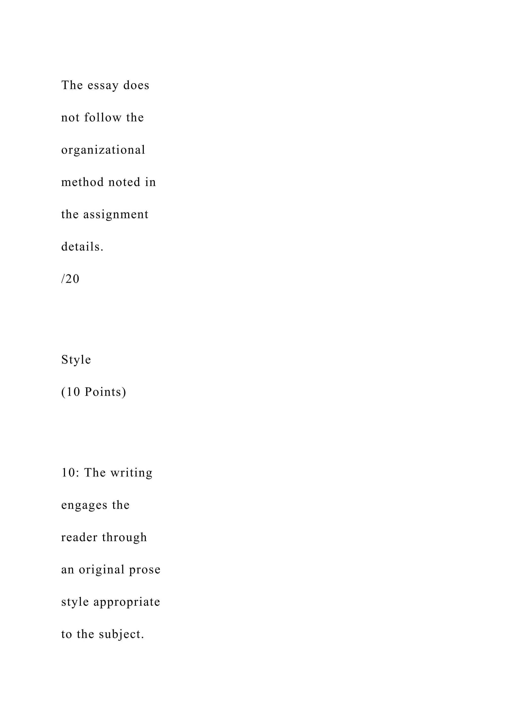 The essay does
not follow the
organizational
method noted in
the assignment
details.
/20
Style
(10 Points)
10: The writing
engages the
reader through
an original prose
style appropriate
to the subject.
 