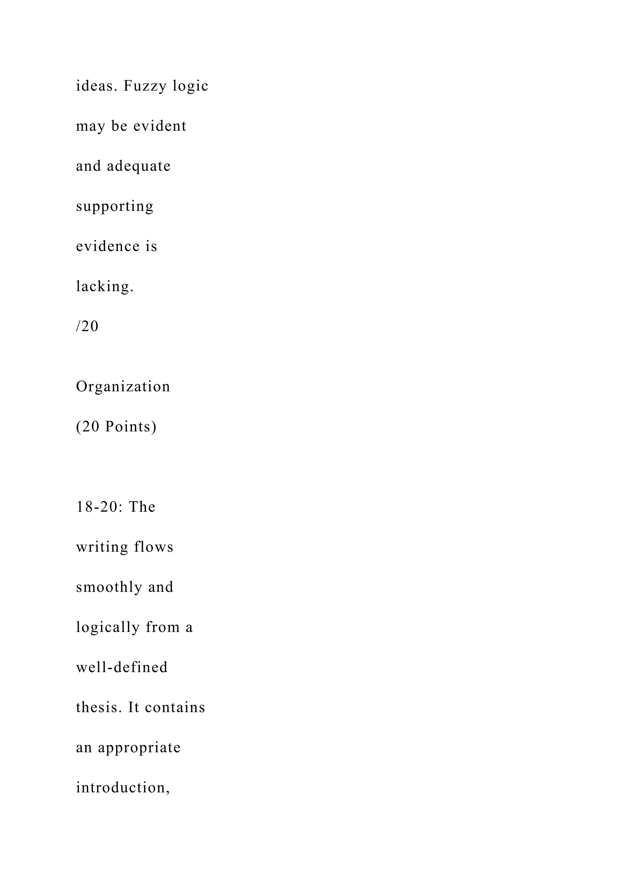ideas. Fuzzy logic
may be evident
and adequate
supporting
evidence is
lacking.
/20
Organization
(20 Points)
18-20: The
writing flows
smoothly and
logically from a
well-defined
thesis. It contains
an appropriate
introduction,
 