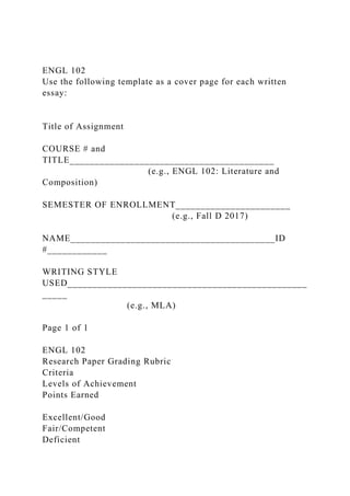 ENGL 102
Use the following template as a cover page for each written
essay:
Title of Assignment
COURSE # and
TITLE_________________________________________
(e.g., ENGL 102: Literature and
Composition)
SEMESTER OF ENROLLMENT_______________________
(e.g., Fall D 2017)
NAME_________________________________________ID
#____________
WRITING STYLE
USED________________________________________________
_____
(e.g., MLA)
Page 1 of 1
ENGL 102
Research Paper Grading Rubric
Criteria
Levels of Achievement
Points Earned
Excellent/Good
Fair/Competent
Deficient
 