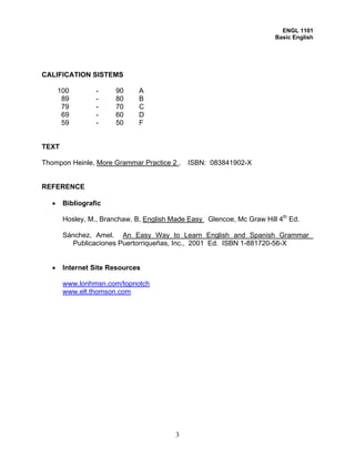 ENGL 1101
                                                                        Basic English




CALIFICATION SISTEMS

       100        -     90     A
        89        -     80     B
        79        -     70     C
        69        -     60     D
        59        -     50     F


TEXT

Thompon Heinle, More Grammar Practice 2 ,     ISBN: 083841902-X


REFERENCE

   •    Bibliografic

        Hosley, M., Branchaw, B, English Made Easy Glencoe, Mc Graw Hill 4th Ed.

        Sánchez, Amel. An Easy Way to Learn English and Spanish Grammar
           Publicaciones Puertorriqueñas, Inc., 2001 Ed. ISBN 1-881720-56-X


   •    Internet Site Resources

        www.lonhmsn.com/topnotch
        www.elt.thomson.com




                                          3
 