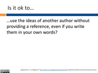 Is it ok to…
…use the ideas of another author without
providing a reference, even if you write
them in your own words?

Ad...