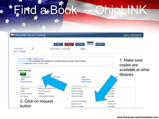 Find a Book -- OhioLINK
1. Make sure
copies are
available at other
libraries
2. Click on request
button
 