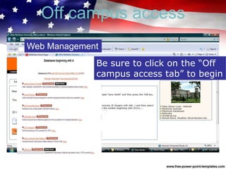 Off campus access
Web Management
Be sure to click on the “Off
campus access tab” to begin
 