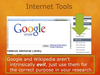 Internet Tools

Google and Wikipedia aren’t
intrinsically evil, just use them for
the correct purpose in your research.

 