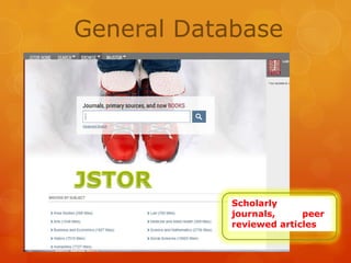 General Database

Scholarly
journals,
peer
reviewed articles

 