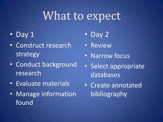 What to expect
• Day 1                • Day 2
• Construct research   • Review
  strategy             • Narrow focus
• Conduct background   • Select appropriate
  research               databases
• Evaluate materials   • Create annotated
• Manage information     bibliography
  found
 