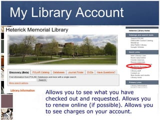 My Library Account




     Allows you to see what you have
     checked out and requested. Allows you
     to renew online (if possible). Allows you
     to see charges on your account.
 