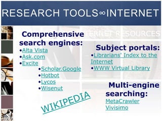 RESEARCH TOOLS∞INTERNET
              FIND INTERNET RESOURCES
   Comprehensive
  search engines:
  •Alta Vista          Subject portals:
  •Ask.com                 •Librarians' Index to the
  •Excite                  Internet
         •Scholar.Google   •WWW Virtual Library
         •Hotbot
         •Lycos
         •Wisenut                Multi-engine
                                searching:
                                MetaCrawler
                                Vivisimo
 