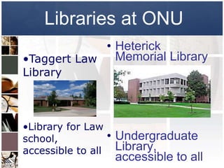 Libraries at ONU
             • Heterick
•Taggert Law   Memorial Library
Library



•Library for Law
school,             • Undergraduate
accessible to all     Library,
                      accessible to all
 