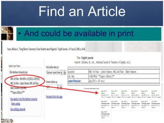 Find an Article
• And could be available in print
 