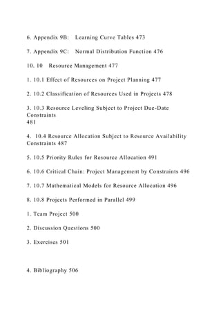 6. Appendix 9B: Learning Curve Tables 473
7. Appendix 9C: Normal Distribution Function 476
10. 10 Resource Management 477
1. 10.1 Effect of Resources on Project Planning 477
2. 10.2 Classification of Resources Used in Projects 478
3. 10.3 Resource Leveling Subject to Project Due-Date
Constraints
481
4. 10.4 Resource Allocation Subject to Resource Availability
Constraints 487
5. 10.5 Priority Rules for Resource Allocation 491
6. 10.6 Critical Chain: Project Management by Constraints 496
7. 10.7 Mathematical Models for Resource Allocation 496
8. 10.8 Projects Performed in Parallel 499
1. Team Project 500
2. Discussion Questions 500
3. Exercises 501
4. Bibliography 506
 