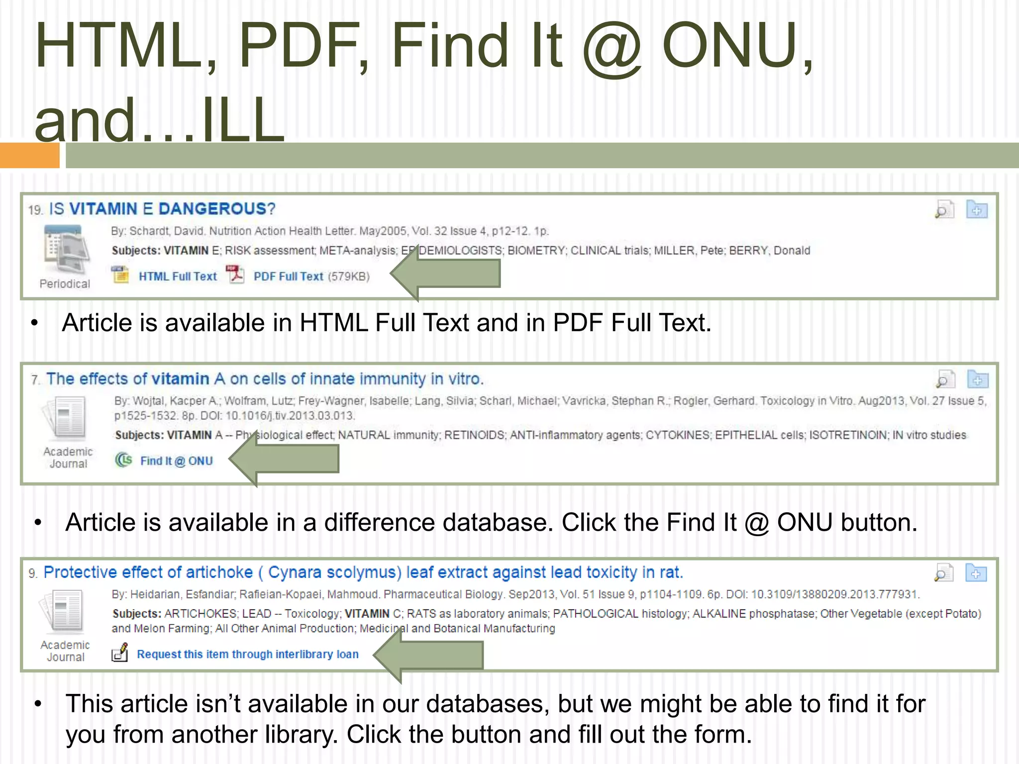 HTML, PDF, Find It @ ONU,
and…ILL
• Article is available in HTML Full Text and in PDF Full Text.
• Article is available in a difference database. Click the Find It @ ONU button.
• This article isn’t available in our databases, but we might be able to find it for
you from another library. Click the button and fill out the form.
 