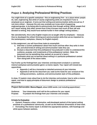 English 202 Introduction to Professional Writing Page 1 of 2
Project 1: Analyzing Professional Writing Practices
You might think of a specific workplace - like an engineering firm - as a place where people
do, well, engineering. But while of course engineering skills are important if one is
employed as an engineer, it turns out that writing and communication skills are just as, if
not more critical – because the only way anybody can know what’s happening,
engineering-wise, is by being able to communicate that through writing. (When people find
out I teach writing, they often lament that if they’d known how much of their job was
devoted to writing, they would have worked harder in their college writing classes.)
Not coincidentally, this is why English majors are so sought after by employers – because
they’ve developed the critical thinking and communication skills that are so important to
the contemporary workplace. (Hooray for English majors!)
In this assignment, you will have three tasks to accomplish:
1. Interview a current professional about how much and how often they write in their
job, and what kinds of writing and communication tools they use.
2. Analyze a document that this professional has produced in order to understand the
audience, purpose, and investments of this professional context. (Note: the
document can be something they worked on as part of a team.)
3. Synthesize what you’ve learned about writing in a particular professional context
from doing both of the above tasks.
You’ll write up the findings from your interview and document analysis in a common
internal workplace communication genre (a memo report). Your report will include two
appendices:
 Appendix 1 will be a transcript or detailed summary of your interview.
 Appendix 2 will be the document you used as the basis for your analysis of the
writing conventions, audience, and communication style of this profession.
In class, I’ll explain more about how to do the interview and analysis, how to write a memo
report, and how to apply principles of document design to produce professional
documents.
Project Deliverable: Memo Report, about 1000 words (not including appendices)i.
Audience: Your classmates and I will be the audience for your report.
Purpose: To present the findings from your interview and analysis.
Criteria for Evaluation
 Content: Presents a clear, informative, well-developed portrait of the typical writing
practices of a professional community, as well as the rhetorical dimensions of their work.
 Formatting: The memo report is divided into appropriate sections, with headings and
white space between sections.
 
