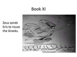 Book XI
Zeus sends
Eris to rouse
the Greeks.
 
