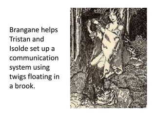 Brangane helps
Tristan and
Isolde set up a
communication
system using
twigs floating in
a brook.
 