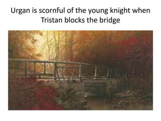 Urgan is scornful of the young knight when
Tristan blocks the bridge
 