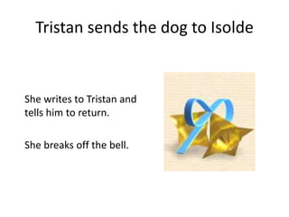 Tristan sends the dog to Isolde
She writes to Tristan and
tells him to return.
She breaks off the bell.
 