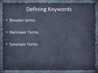 Defining Keywords
• Broader terms
• Narrower Terms
• Synonym Terms
 