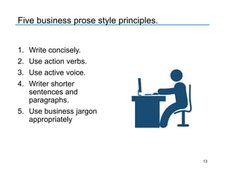 Five business prose style principles.
1. Write concisely.
2. Use action verbs.
3. Use active voice.
4. Writer shorter
sentences and
paragraphs.
5. Use business jargon
appropriately
13
 