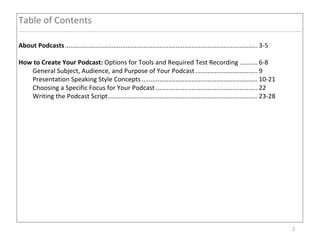 2
Table of Contents
About Podcasts............................................................................................................ 3-5
How to Create Your Podcast: Options for Tools and Required Test Recording .......... 6-8
General Subject, Audience, and Purpose of Your Podcast................................... 9
Presentation Speaking Style Concepts ................................................................. 10-21
Choosing a Specific Focus for Your Podcast ......................................................... 22
Writing the Podcast Script.................................................................................... 23-28
 