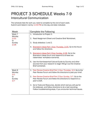 ENGL 313: Spring Business Writing Page 1 of 2
PROJECT 3 SCHEDULE Weeks 7-9
Intercultural Communication
The schedule lists the work you need to complete by the end of each week.
Submit work listed in red by 11:59 PM on the day and date indicated.
Week Complete the Following
Week 7
Monday
2/22
to
Sunday
2/28
1. Introduction to Project 3.
2. Read Assignment Sheet and Creative Brief Worksheet.
3. Study slidedocs 1 and 2.
4. Brainstorm Ideas Part 1 Due: Thursday, 2/25. Go to the forum
and follow the directions.
5. Brainstorm Ideas Part 2 Due: Sunday, 2/28. Go to the
Brainstorm Ideas forum and respond to at least two
classmates’ workplace scenarios.
6. Use the Kwintessential Cultural Guide by Country and other
sources from your research to begin filling it out the Creative
Brief worksheet.
Week 8
Monday
3/1
to
Sunday
3/7
1. Peer Review Creative Brief Part 1 Due: Thursday, 3/4. Go to the
Peer Review Forum and follow the directions to post your brief.
2. Peer Review Creative Brief Part 2 Due: Sunday, 3/7. Go to the
Peer Review Forum and follow the directions to respond to a
peer’s draft.
3. Go to Tools and Resources, decide which tool you will use for
the slidecast, and follow directions to do a test recording.
Follow troubleshooting steps, if you encounter technical issues.
 
