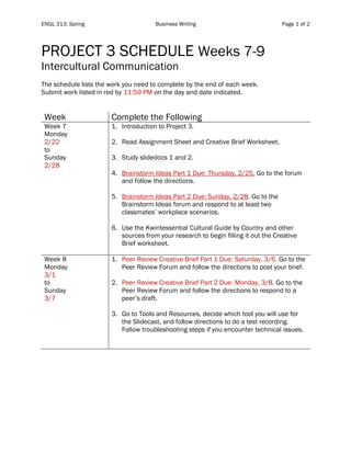 ENGL 313: Spring Business Writing Page 1 of 2
PROJECT 3 SCHEDULE Weeks 7-9
Intercultural Communication
The schedule lists the work you need to complete by the end of each week.
Submit work listed in red by 11:59 PM on the day and date indicated.
Week Complete the Following
Week 7
Monday
2/22
to
Sunday
2/28
1. Introduction to Project 3.
2. Read Assignment Sheet and Creative Brief Worksheet.
3. Study slidedocs 1 and 2.
4. Brainstorm Ideas Part 1 Due: Thursday, 2/25. Go to the forum
and follow the directions.
5. Brainstorm Ideas Part 2 Due: Sunday, 2/28. Go to the
Brainstorm Ideas forum and respond to at least two
classmates’ workplace scenarios.
6. Use the Kwintessential Cultural Guide by Country and other
sources from your research to begin filling it out the Creative
Brief worksheet.
Week 8
Monday
3/1
to
Sunday
3/7
1. Peer Review Creative Brief Part 1 Due: Saturday, 3/6. Go to the
Peer Review Forum and follow the directions to post your brief.
2. Peer Review Creative Brief Part 2 Due: Monday, 3/8. Go to the
Peer Review Forum and follow the directions to respond to a
peer’s draft.
3. Go to Tools and Resources, decide which tool you will use for
the Slidecast, and follow directions to do a test recording.
Follow troubleshooting steps if you encounter technical issues.
 