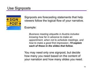 Signposts are forecasting statements that help
viewers follow the logical flow of your narrative.
Example:
Business meeting etiquette in Austria includes
knowing how far in advance to make an
appointment, when not to schedule meetings, and
how to make a good first impression. I’ll explain
each of these in the slides that follow.
You may need only one signpost, but decide
how many you need based on the content of
your narration and how many slides you need.
Use Signposts
14
 