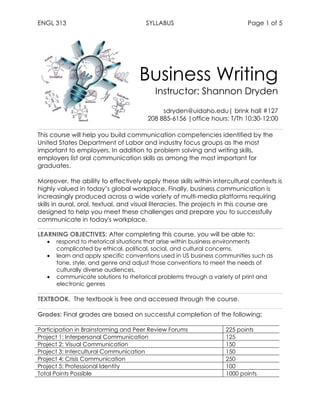 ENGL 313 SYLLABUS Page 1 of 5
Business Writing
Instructor: Shannon Dryden
sdryden@uidaho.edu| brink hall #127
208 885-6156 |office hours: T/Th 10:30-12:00
This course will help you build communication competencies identified by the
United States Department of Labor and industry focus groups as the most
important to employers. In addition to problem solving and writing skills,
employers list oral communication skills as among the most important for
graduates.
Moreover, the ability to effectively apply these skills within intercultural contexts is
highly valued in today’s global workplace. Finally, business communication is
increasingly produced across a wide variety of multi-media platforms requiring
skills in aural, oral, textual, and visual literacies. The projects in this course are
designed to help you meet these challenges and prepare you to successfully
communicate in today's workplace.
LEARNING OBJECTIVES: After completing this course, you will be able to:
 respond to rhetorical situations that arise within business environments
complicated by ethical, political, social, and cultural concerns,
 learn and apply specific conventions used in US business communities such as
tone, style, and genre and adjust those conventions to meet the needs of
culturally diverse audiences,
 communicate solutions to rhetorical problems through a variety of print and
electronic genres
TEXTBOOK. The textbook is free and accessed through the course.
Grades: Final grades are based on successful completion of the following:
Participation in Brainstorming and Peer Review Forums 225 points
Project 1: Interpersonal Communication 125
Project 2: Visual Communication 150
Project 3: Intercultural Communication 150
Project 4: Crisis Communication 250
Project 5: Professional Identity 100
Total Points Possible 1000 points
 