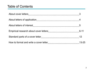 Table of Contents
About cover letters 3
About letters of application 4
About letters of interest 5
Empirical research about cover letters 6-11
Standard parts of a cover letter 12
How to format and write a cover letter 13-25
2
 