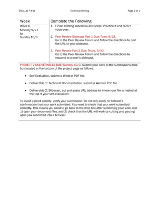 ENGL 317: Fall Technical Writing Page 2 of 2
Week Complete the Following
Week 6
Monday 9/27
to
Sunday 10/3
1. Finish drafting slideshow and script. Practice it and record
voice-over.
2. Peer Review Slidecast Part 1 Due: Tues. 9/28.
Go to the Peer Review Forum and follow the directions to post
the URL to your slidecast.
3. Peer Review Part 2 Due: Thurs. 9/30
Go to the Peer Review Forum and follow the directions to
respond to a peer’s slidecast.
PROJECT 2 DELIVERABLES DUE: Sunday 10/3. Submit your work to the submissions drop
box located at the bottom of the project page as follows:
• Self-Evaluation, submit a Word or PDF file.
• Deliverable 1: Technical Documentation, submit a Word or PDF file.
• Deliverable 2: Slidecast, cut and paste URL address to where your file is hosted at
the top of your self-evaluation.
To avoid a point penalty, verify your submission. Do not rely solely on bblearn’s
confirmation that your work submitted. You need to check that your work submitted
correctly. This means you need to go back to the drop box after submitting your work and
1) open your document files, and 2) check that the URL will work by cutting and pasting
what you submitted into a browser.
 