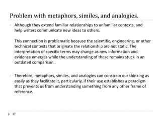 Problem	with	metaphors,	similes,	and	analogies.
17
} Although they extend familiar relationships to unfamiliar contexts, and
help writers communicate new ideas to others.
This connection is problematic because the scientific, engineering, or other
technical contexts that originate the relationship are not static. The
interpretation of specific terms may change as new information and
evidence emerges while the understanding of these remains stuck in an
outdated comparison.
} Therefore, metaphors, similes, and analogies can constrain our thinking as
easily as they facilitate it, particularly, if their use establishes a paradigm
that prevents us from understanding something from any other frame of
reference.
 