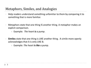 Metaphors,	Similes,	and	Analogies
2
} Help readers understand something unfamiliar to them by comparing it to
something that is more familiar.
} Metaphors state that one thing IS another thing. A metaphor makes an
explicit comparison.
} Example: The heart is a pump.
} Similes state that one thing is LIKE another thing. A simile more openly
acknowledges that A is only LIKE B.
} Example: The heart is like a pump.
 