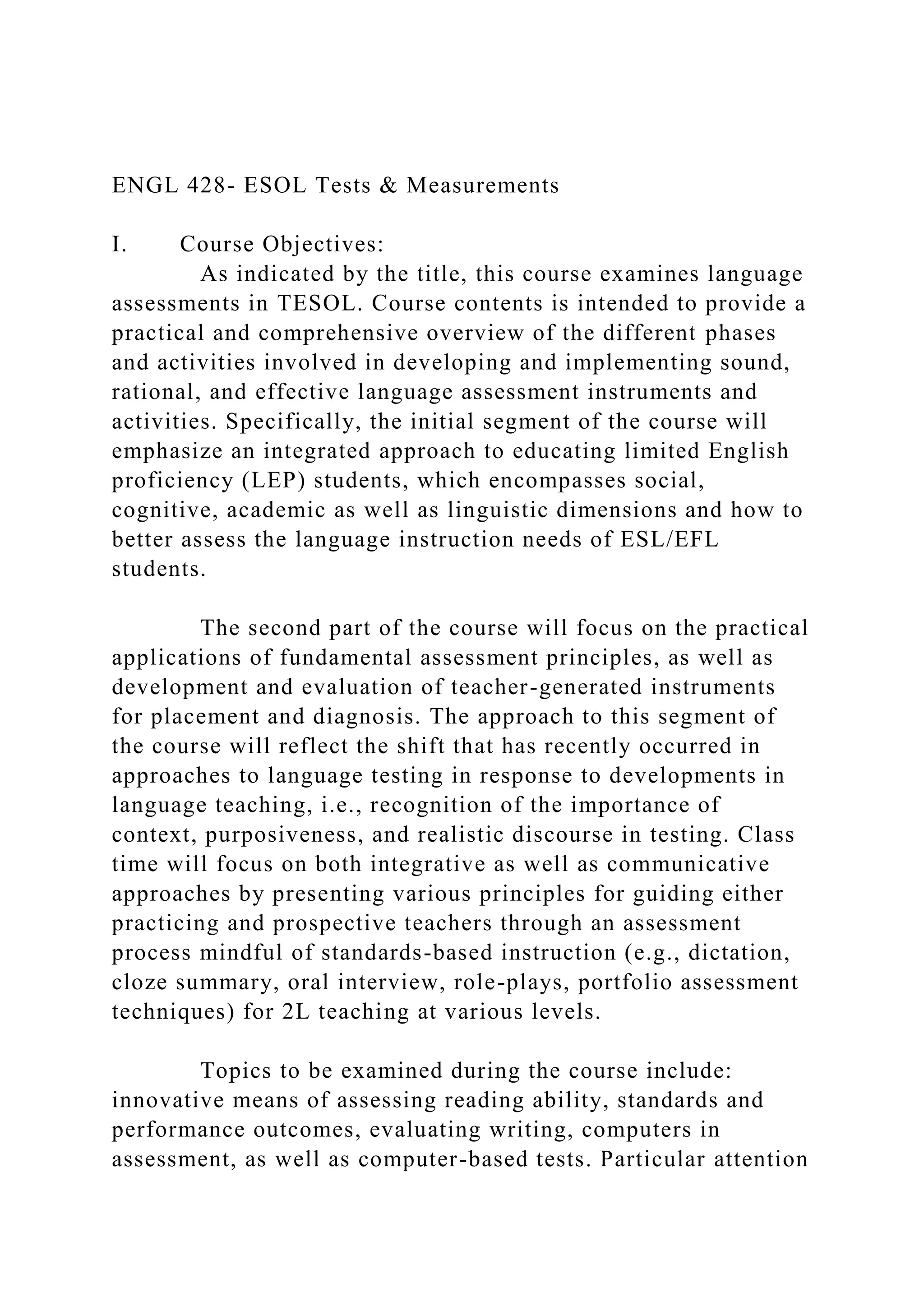 ENGL 428 ESOL Tests & MeasurementsI. Course Objectives.docx