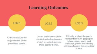 Learning Outcomes
LO2.1
Critically discuss the
major themes of the
prescribed poems.
LO2.3
Critically analyse the poetic
representations of geography,
culture, place, space, land,
landscape, power and identity
within and across the prescribed
poems.
LO2.2
Discuss the influence of the
historical and cultural context
of each prescribed poem on
those poem’s themes.
 