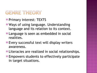 Primary interest: TEXTS Ways of using language. Understanding language and its relation to its context. Language is seen as embedded in social realities. Every successful text will display writers awareness. Literacies are realized in social relationships. Empowers students to effectively participate in target situations. 
