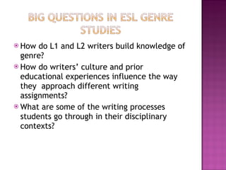 How do L1 and L2 writers build knowledge of genre? How do writers’ culture and prior educational experiences influence the way they  approach different writing assignments? What are some of the writing processes students go through in their disciplinary contexts? 