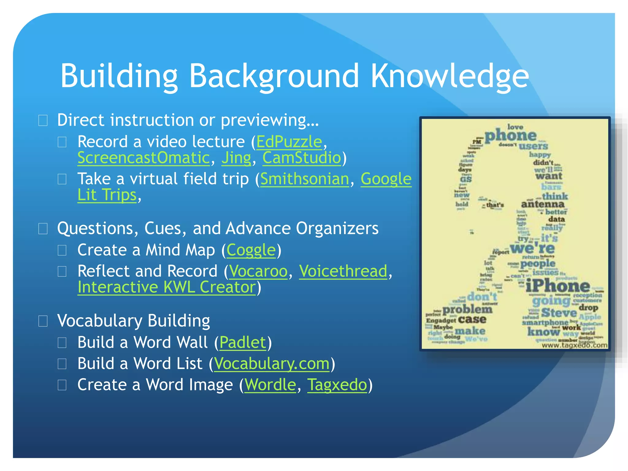 Building Background Knowledge
 Direct instruction or previewing…
 Record a video lecture (EdPuzzle,
ScreencastOmatic, Jing, CamStudio)
 Take a virtual field trip (Smithsonian, Google
Lit Trips,
 Questions, Cues, and Advance Organizers
 Create a Mind Map (Coggle)
 Reflect and Record (Vocaroo, Voicethread,
Interactive KWL Creator)
 Vocabulary Building
 Build a Word Wall (Padlet)
 Build a Word List (Vocabulary.com)
 Create a Word Image (Wordle, Tagxedo)
 