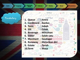 Habit

Language

Vocabulary

Food and
Drink

Folktale

1. Queue
2. Cardboard
3. Tunic
4. Slit
5. Beverage
6. Either
7. Merchant
8. Runaway
9. Estate
10.Term

Clothes

: Antre
: Kardus
: Jubah
: Celah
: Minuman
: Salah satu
: Saudagar
: Melarikan diri
: Tanah
: Masa

House

Vocabulary

 