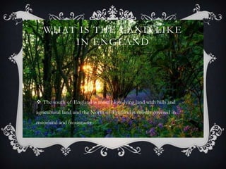 WHAT IS THE LAND LIKE
IN ENGLAND
 The south of England is mostly low-lying land with hills and
agricultural land and the North of England is mostly covered in
moorland and mountains .
 