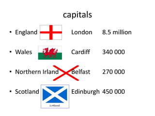 capitals
• England London 8.5 million
• Wales Cardiff 340 000
• Northern Irland Belfast 270 000
• Scotland Edinburgh 450 000
 