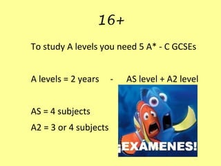 16+
To study A levels you need 5 A* - C GCSEs


A levels = 2 years     -   AS level + A2 level


AS = 4 subjects
A2 = 3 or 4 subjects
 