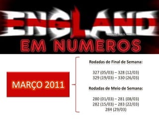 Rodadas de Final de Semana: 327 (05/03) – 328 (12/03)  329 (19/03) – 330 (26/03) Rodadas de Meio de Semana: 280 (01/03) – 281 (08/03) 282 (15/03) – 283 (22/03) 284 (29/03) MARÇO 2011 