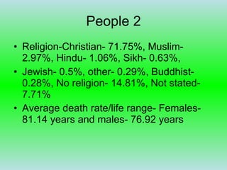 Religion-Christian- 71.75%, Muslim- 2.97%, Hindu- 1.06%, Sikh- 0.63%,  Jewish- 0.5%, other- 0.29%, Buddhist- 0.28%, No religion- 14.81%, Not stated- 7.71%  Average death rate/life range- Females- 81.14 years and males- 76.92 years People 2 
