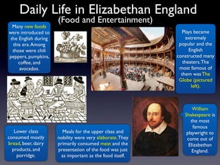 Daily Life in Elizabethan England
                      (Food and Entertainment)
  Many new foods
were introduced to                                           Plays became
 the English during                                            extremely
  this era. Among                                           popular and the
  those were chili                                               English
peppers, pumpkins,                                         constructed many
     coffee, and                                              theaters. The
     avocados.                                              most famous of
                                                             them was The
                                                            Globe (pictured
                                                                  left).



                                                                  William
                                                              Shakespeare is
                                                                 the most
                                                                  famous
   Lower class          Meals for the upper class and          playwright to
consumed mostly       nobility were very elaborate. They       come out of
bread, beer, dairy    primarily consumed meat and the           Elizabethan
  products, and       presentation of the food was just           England.
    porridge.          as important as the food itself.
 